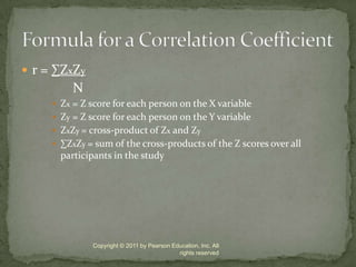 r = ∑ZxZyNZx = Z score for each person on the X variableZy = Z score for each person on the Y variableZxZy = cross-product of Zx and Zy ∑ZxZy = sum of the cross-products of the Z scores over all participants in the studyCopyright © 2011 by Pearson Education, Inc. All rights reservedFormula for a Correlation Coefficient