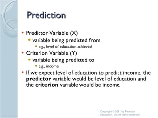 Prediction Predictor Variable (X) variable being predicted from e.g., level of education achieved Criterion Variable (Y) variable being predicted to e.g., income If we expect level of education to predict income, the  predictor  variable would be level of education and the  criterion  variable would be income. Copyright © 2011 by Pearson Education, Inc. All rights reserved 
