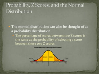 The normal distribution can also be thought of as a probability distribution. The percentage of scores between two Z scores is the same as the probability of selecting a score between those two Z scores. 