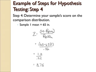 Example of Steps for Hypothesis Testing: Step 4 Step 4: Determine your sample’s score on the comparison distribution. Sample 1 mean = 65 in. 