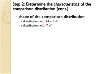 Step 2: Determine the characteristics of the comparison distribution (cont.) shape of the comparison distribution t  distribution with N – 1 df t  distribution with  7  df 