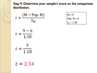 Step 4: Determine your sample’s score on the comparison distribution. M = 9 Pop. M = 6 S M  = 1.18 