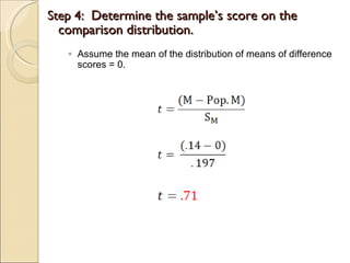Step 4:  Determine the sample’s score on the comparison distribution. Assume the mean of the distribution of means of difference scores = 0. 