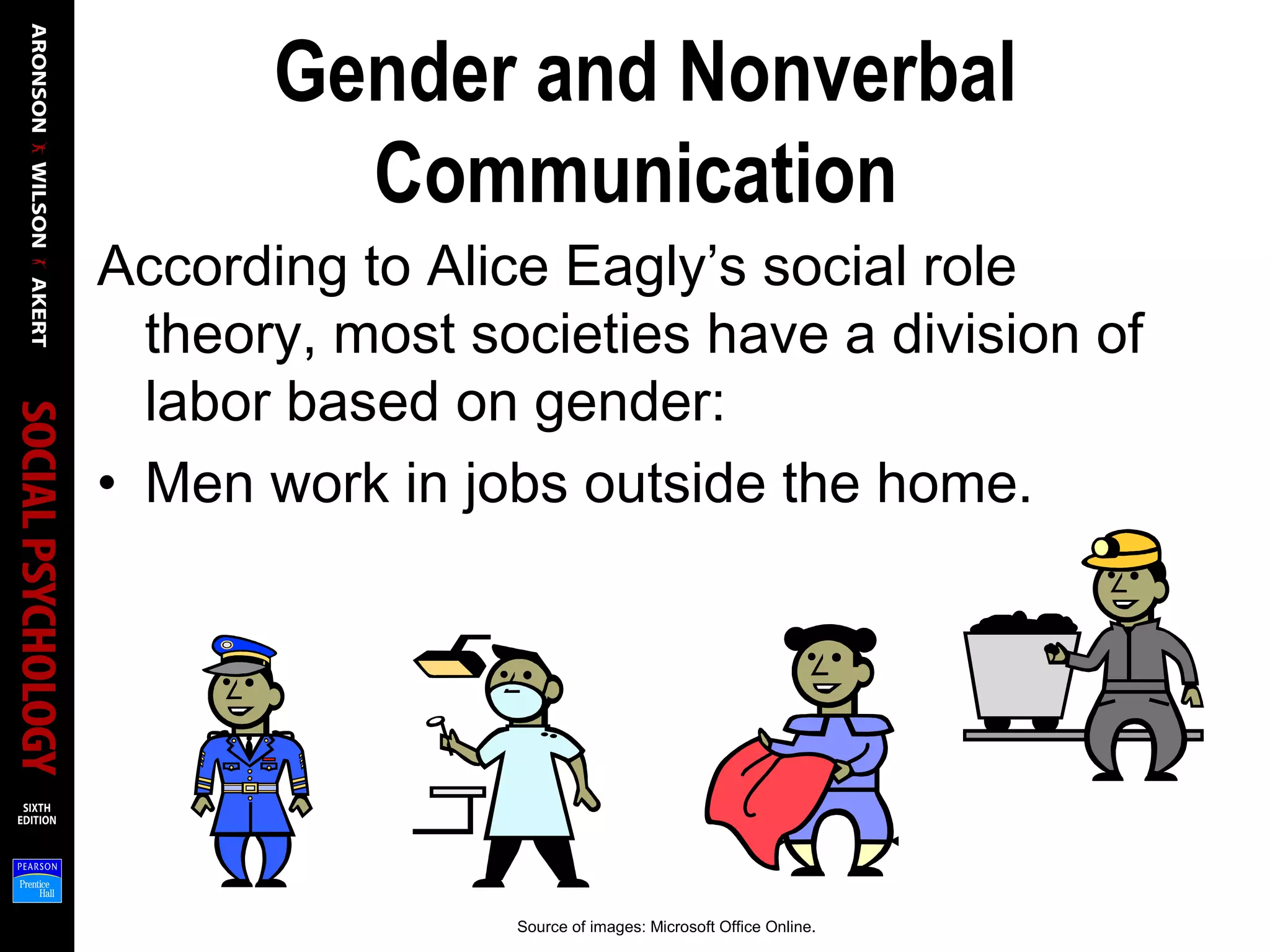 Gender and Nonverbal
Communication
According to Alice Eagly’s social role
theory, most societies have a division of
labor based on gender:
• Men work in jobs outside the home.
Source of images: Microsoft Office Online.
 