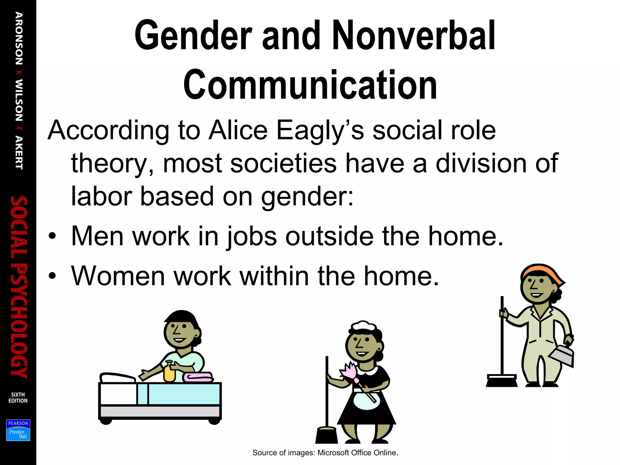 Gender and Nonverbal
Communication
According to Alice Eagly’s social role
theory, most societies have a division of
labor based on gender:
• Men work in jobs outside the home.
• Women work within the home.
Source of images: Microsoft Office Online.
 