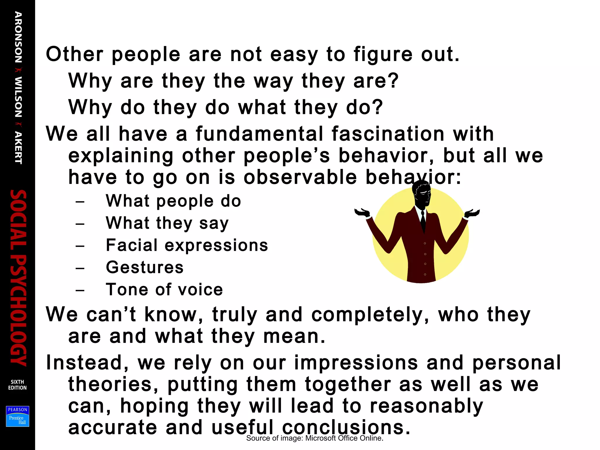 Other people are not easy to figure out.
Why are they the way they are?
Why do they do what they do?
We all have a fundamental fascination with
explaining other people’s behavior, but all we
have to go on is observable behavior:
– What people do
– What they say
– Facial expressions
– Gestures
– Tone of voice
We can’t know, truly and completely, who they
are and what they mean.
Instead, we rely on our impressions and personal
theories, putting them together as well as we
can, hoping they will lead to reasonably
accurate and useful conclusions.Source of image: Microsoft Office Online.
 