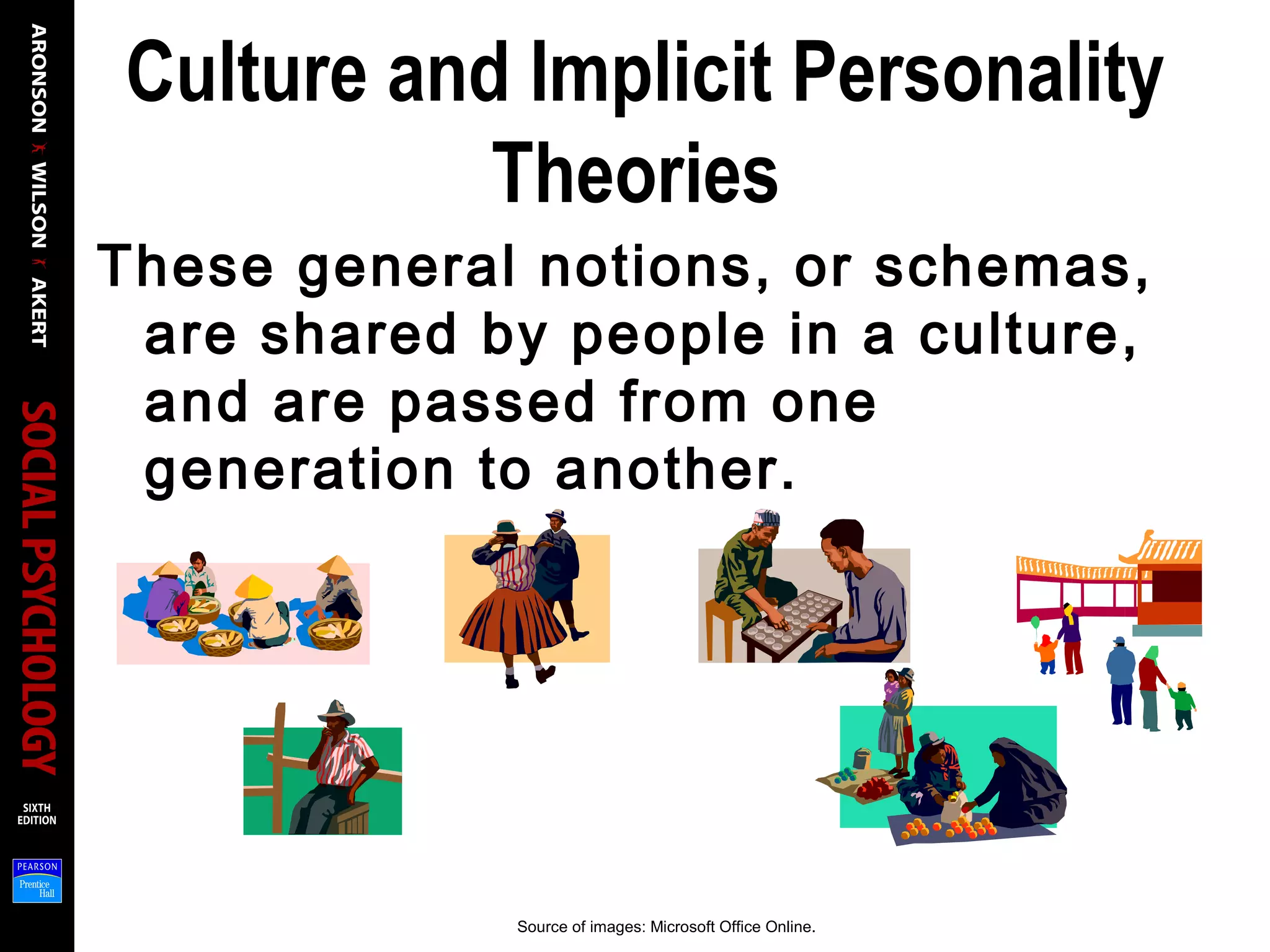 Culture and Implicit Personality
Theories
These general notions, or schemas,
are shared by people in a culture,
and are passed from one
generation to another.
Source of images: Microsoft Office Online.
 