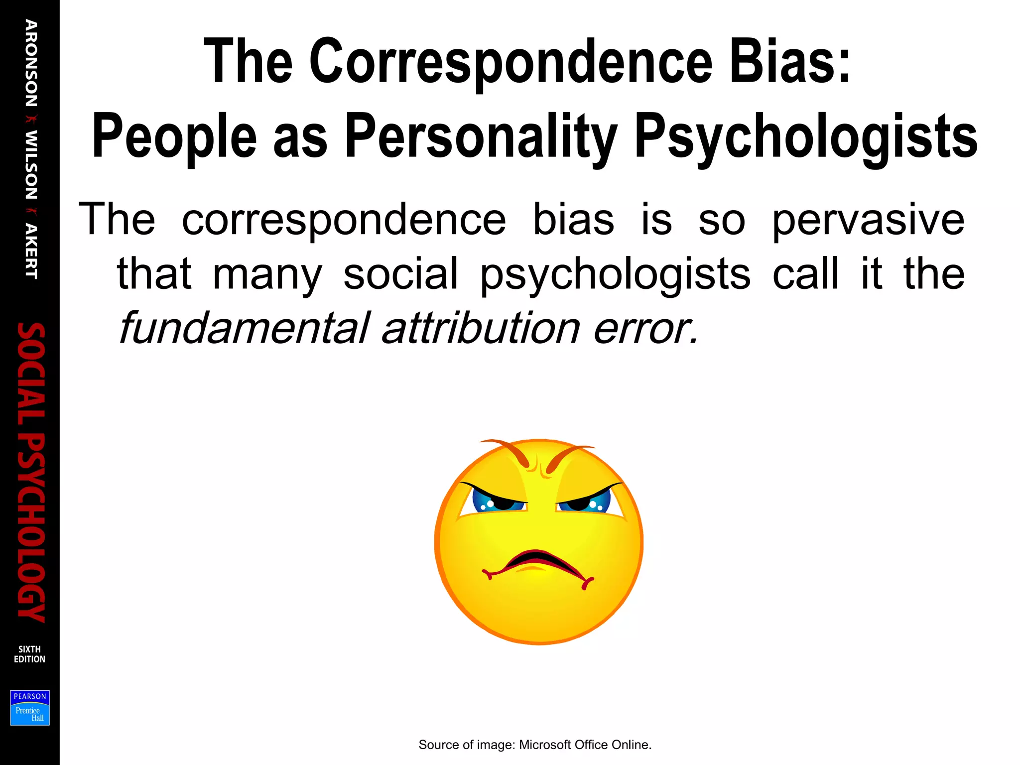 The Correspondence Bias:
People as Personality Psychologists
The correspondence bias is so pervasive
that many social psychologists call it the
fundamental attribution error.
Source of image: Microsoft Office Online.
 
