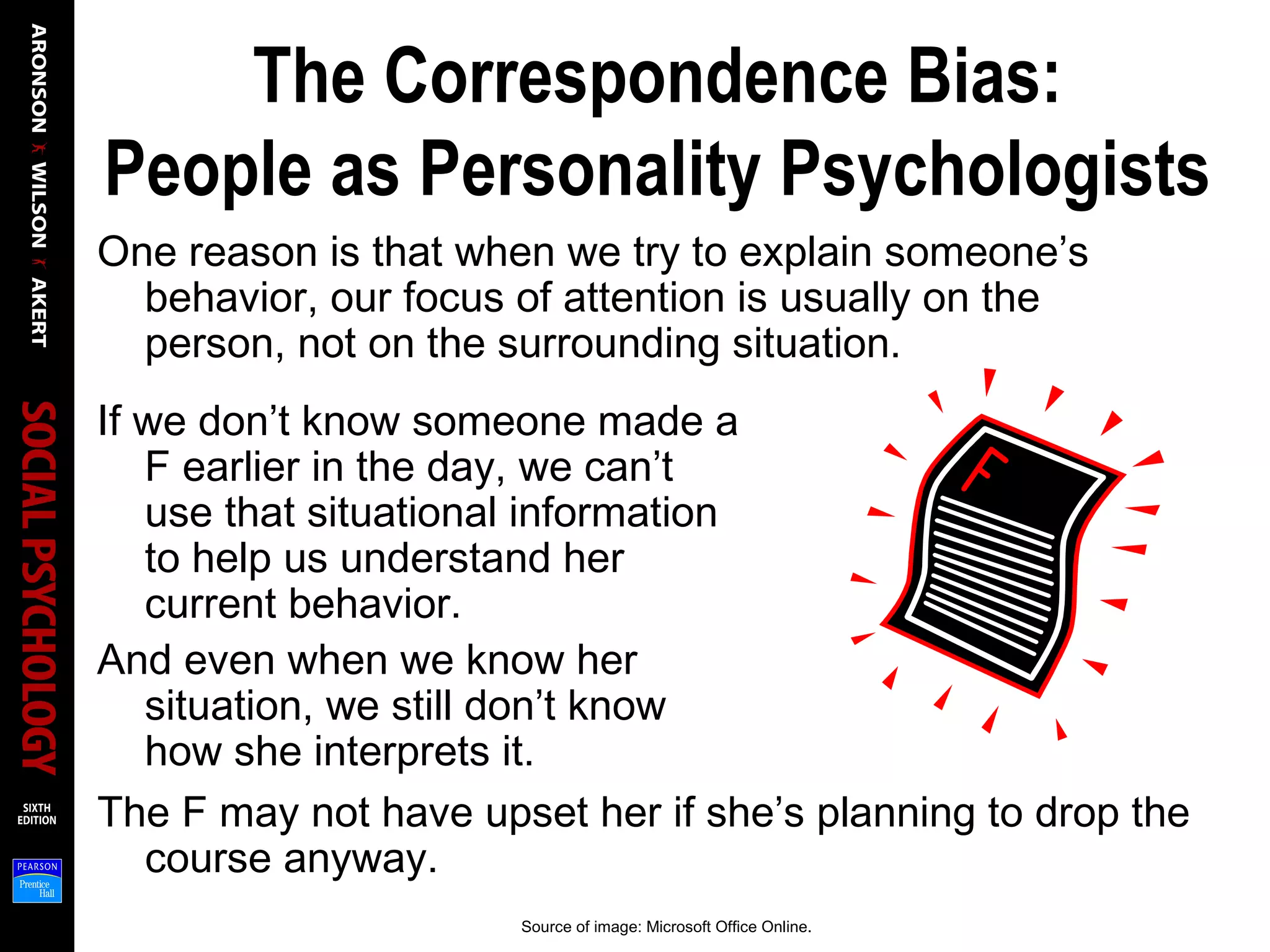 The Correspondence Bias:
People as Personality Psychologists
One reason is that when we try to explain someone’s
behavior, our focus of attention is usually on the
person, not on the surrounding situation.
If we don’t know someone made a
F earlier in the day, we can’t
use that situational information
to help us understand her
current behavior.
And even when we know her
situation, we still don’t know
how she interprets it.
The F may not have upset her if she’s planning to drop the
course anyway.
Source of image: Microsoft Office Online.
 