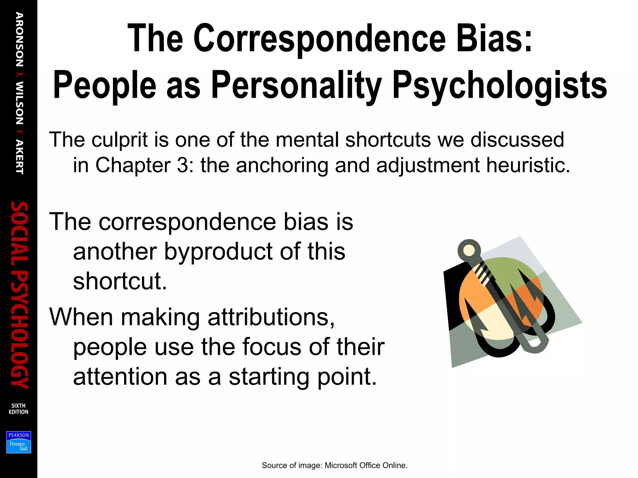 The Correspondence Bias:
People as Personality Psychologists
The culprit is one of the mental shortcuts we discussed
in Chapter 3: the anchoring and adjustment heuristic.
The correspondence bias is
another byproduct of this
shortcut.
When making attributions,
people use the focus of their
attention as a starting point.
Source of image: Microsoft Office Online.
 