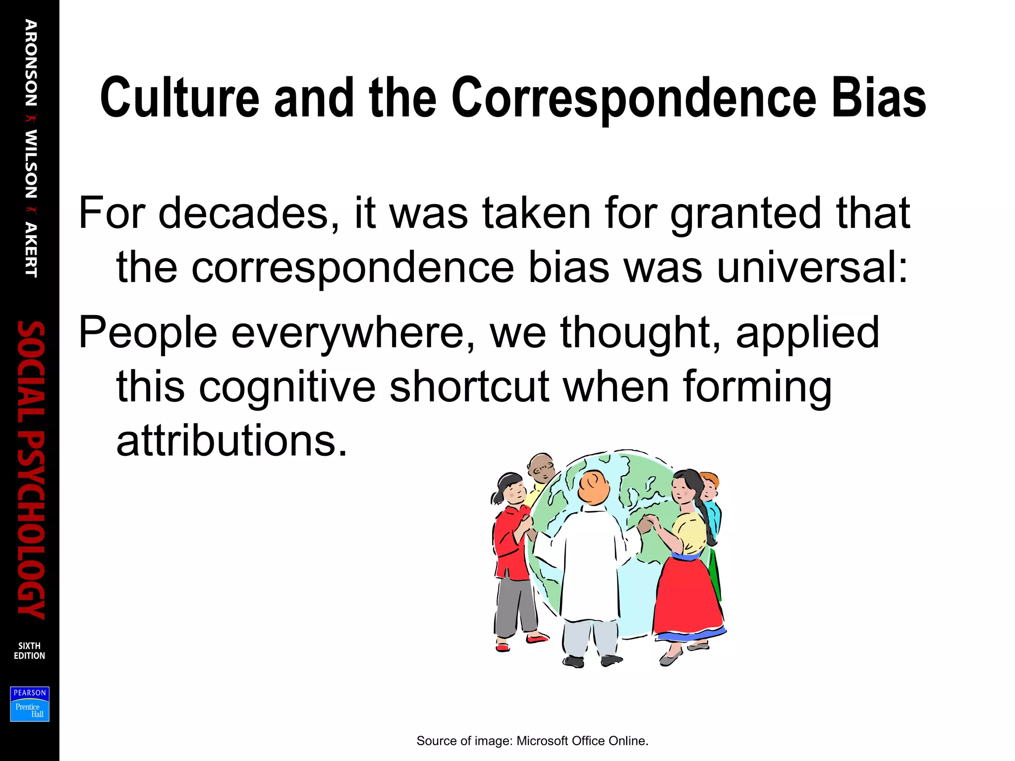Culture and the Correspondence Bias
For decades, it was taken for granted that
the correspondence bias was universal:
People everywhere, we thought, applied
this cognitive shortcut when forming
attributions.
Source of image: Microsoft Office Online.
 