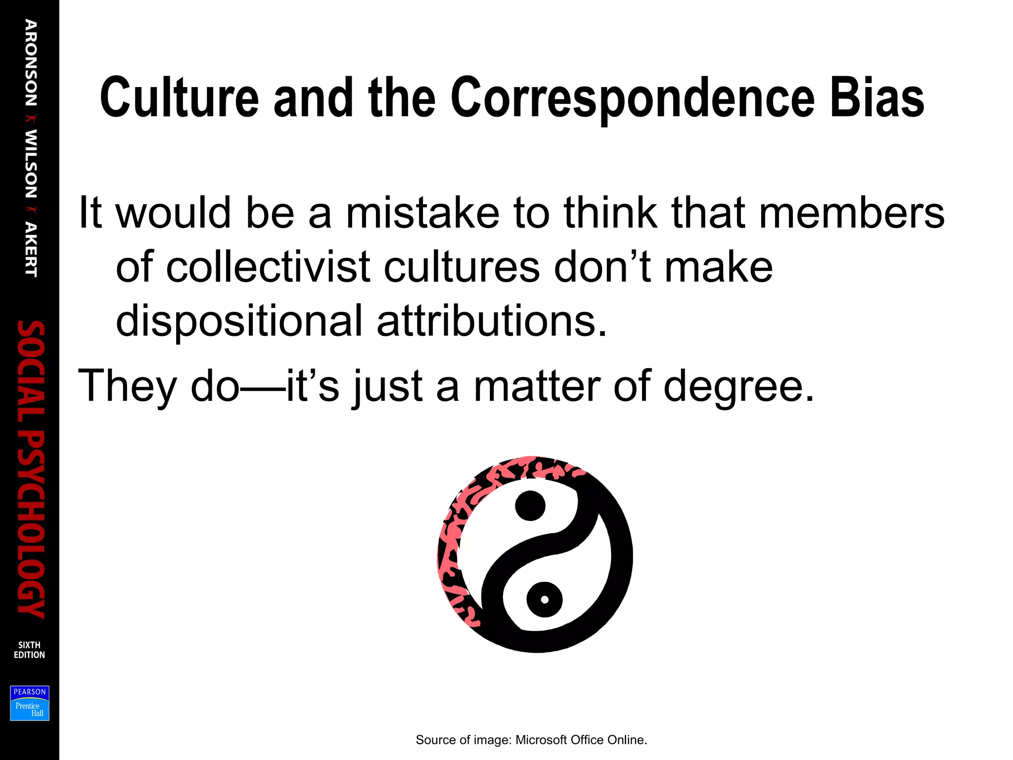 Culture and the Correspondence Bias
It would be a mistake to think that members
of collectivist cultures don’t make
dispositional attributions.
They do—it’s just a matter of degree.
Source of image: Microsoft Office Online.
 