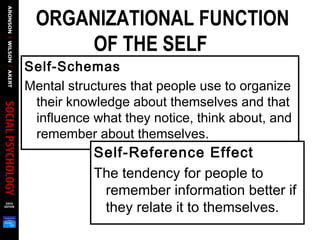 ORGANIZATIONAL FUNCTION
OF THE SELF  
Self-Schemas
Mental structures that people use to organize
their knowledge about themselves and that
influence what they notice, think about, and
remember about themselves.
Self-Reference Effect
The tendency for people to
remember information better if
they relate it to themselves.
 