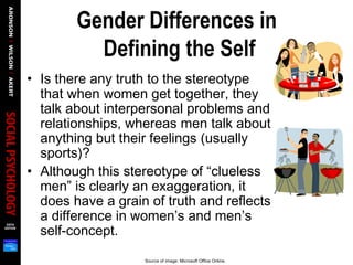Gender Differences in
Defining the Self
• Is there any truth to the stereotype
that when women get together, they
talk about interpersonal problems and
relationships, whereas men talk about
anything but their feelings (usually
sports)?
• Although this stereotype of “clueless
men” is clearly an exaggeration, it
does have a grain of truth and reflects
a difference in women’s and men’s
self-concept.
Source of image: Microsoft Office Online.
 