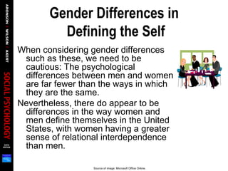Gender Differences in
Defining the Self
When considering gender differences
such as these, we need to be
cautious: The psychological
differences between men and women
are far fewer than the ways in which
they are the same.
Nevertheless, there do appear to be
differences in the way women and
men define themselves in the United
States, with women having a greater
sense of relational interdependence
than men.
Source of image: Microsoft Office Online.
 
