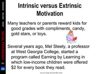 Intrinsic versus Extrinsic
Motivation
Many teachers or parents reward kids for
good grades with compliments, candy,
gold stars, or toys.
Several years ago, Mel Steely, a professor
at West Georgia College, started a
program called Earning by Learning in
which low-income children were offered
$2 for every book they read.
Source of image: Microsoft Office Online.
 