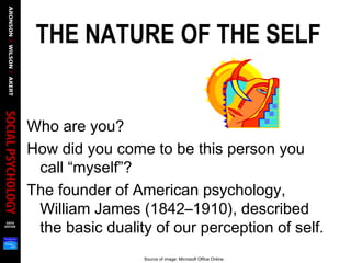 THE NATURE OF THE SELF
Who are you?
How did you come to be this person you
call “myself”?
The founder of American psychology,
William James (1842–1910), described
the basic duality of our perception of self.
Source of image: Microsoft Office Online.
 