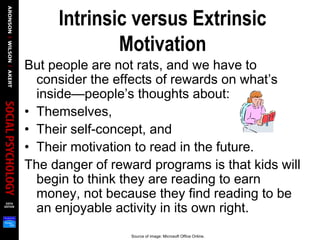 Intrinsic versus Extrinsic
Motivation
But people are not rats, and we have to
consider the effects of rewards on what’s
inside—people’s thoughts about:
• Themselves,
• Their self-concept, and
• Their motivation to read in the future.
The danger of reward programs is that kids will
begin to think they are reading to earn
money, not because they find reading to be
an enjoyable activity in its own right.
Source of image: Microsoft Office Online.
 