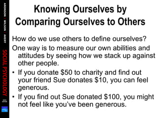Knowing Ourselves by
Comparing Ourselves to Others
How do we use others to define ourselves?
One way is to measure our own abilities and
attitudes by seeing how we stack up against
other people.
• If you donate $50 to charity and find out
your friend Sue donates $10, you can feel
generous.
• If you find out Sue donated $100, you might
not feel like you’ve been generous.
 