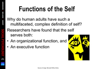 Functions of the Self
Why do human adults have such a
multifaceted, complex definition of self?
Researchers have found that the self
serves both:
• An organizational function, and
• An executive function
Source of image: Microsoft Office Online.
 