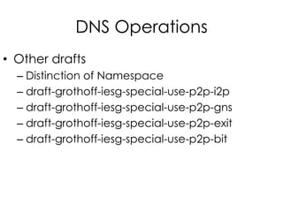 DNS Operations
• Other drafts
– Distinction of Namespace
– draft-grothoff-iesg-special-use-p2p-i2p
– draft-grothoff-iesg-special-use-p2p-gns
– draft-grothoff-iesg-special-use-p2p-exit
– draft-grothoff-iesg-special-use-p2p-bit
 