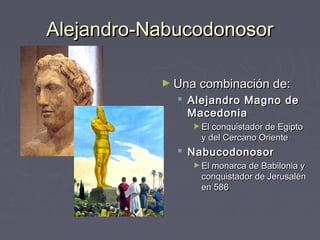 Alejandro-Nabucodonosor

           ► Una combinación de:
              Alejandro Magno de
               Macedonia
                ► El conquistador de Egipto
                 y del Cercano Oriente
              Nabucodonosor
                ► El monarca de Babilonia y
                 conquistador de Jerusalén
                 en 586
 