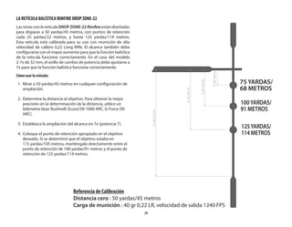 29
LA RETÍCULA BALÍSTICA RIMFIRE DROP ZONE-22
Las miras con la retícula DROP ZONE-22 Rimfire están diseñadas
para disparar a 50 yardas/45 metros, con puntos de retención
cada 25  yardas/22  metros, y hasta 125  yardas/114  metros.
Esta retícula está calibrada para su uso con munición de alta
velocidad de calibre 0,22 Long Rifle. El alcance también debe
configurarse con el mayor aumento para que la función balística
de la retícula funcione correctamente. En el caso del modelo
2-7x de 32 mm, el anillo de cambio de potencia debe ajustarse a
7x para que la función balística funcione correctamente.
Cómo usar la retícula:
1. Mirar a 50 yardas/45 metros en cualquier configuración de
ampliación.
2. Determine la distancia al objetivo. Para obtener la mejor
precisión en la determinación de la distancia, utilice un
telémetro láser Bushnell (Scout DX 1000 ARC, G-Force DX
ARC).
3. Establezca la ampliación del alcance en 7x (potencia 7).
4. Coloque el punto de retención apropiado en el objetivo
deseado. Si se determinó que el objetivo estaba en
115 yardas/105 metros, manténgalo directamente entre el
punto de retención de 100 yardas/91 metros y el punto de
retención de 125 yardas/114 metros.
75 YARDAS/
68 METROS
100 YARDAS/
91 METROS
125 YARDAS/
114 METROS
75 YARDAS/
68 METROS
100 YARDAS/
91 METROS
125 YARDAS/
114 METROS
2.30
MOA
5.30
MOA
8.70
MOA
15.40
MOA
Referencia de Calibración
Distancia cero : 50 yardas/45 metros
Carga de munición : 40 gr 0,22 LR, velocidad de salida 1240 FPS
 