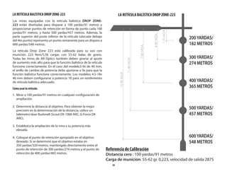 30
LA RETÍCULA BALÍSTICA DROP ZONE-223
Las miras equipadas con la retícula balística DROP ZONE-
223 están diseñadas para disparar a 100 yardas/91  metros y
proporcionar puntos de retención en forma de punto cada 100
yardas/91  metros, y hasta 500  yardas/457  metros. Además, la
parte superior del poste inferior de la retícula (ubicada debajo
del 4to punto) representa un punto remanente para un disparo a
600 yardas/548 metros.
La retícula Drop Zone 223 está calibrada para su uso con
munición 223 Rem/5,56 cargas con 55-62 balas de grano.
Todas las miras de AR Optics también deben girarse al ajuste
de aumento más alto para que la función balística de la retícula
funcione correctamente. En el caso del modelo3-9x de 40 mm,
el anillo de cambio de potencia debe ajustarse a 9x para que la
función balística funcione correctamente. Los modelos 4.5-18x
40 mm deben configurarse a potencia 18 para un rendimiento
de retícula balística adecuado.
Cómo usar la retícula:
1. Mirar a 100 yardas/91 metros en cualquier configuración de
ampliación.
2. Determine la distancia al objetivo. Para obtener la mejor
precisión en la determinación de la distancia, utilice un
telémetro láser Bushnell (Scout DX 1000 ARC, G-Force DX
ARC).
3. Establezca la ampliación de la mira a su potencia más
elevada.
4. Coloque el punto de retención apropiado en el objetivo
deseado. Si se determinó que el objetivo estaba en
350 yardas/320 metros, manténgalo directamente entre el
punto de retención de 300 yardas/274 metros y el punto de
retención de 400 yardas/465 metros.
1.70
MOA
7.60
MOA
11.40
MOA
15.40
MOA
4.40
MOA
Referencia de Calibración
Distancia cero : 100 yardas/91 metros
Carga de munición: 55-62 gr. 0,223, velocidad de salida 2875
LA RETÍCULA BALÍSTICA DROP ZONE-223
200 YARDAS/
182 METROS
300 YARDAS/
274 METROS
400 YARDAS/
365 METROS
500 YARDAS/
457 METROS
600 YARDAS/
548 METROS
 