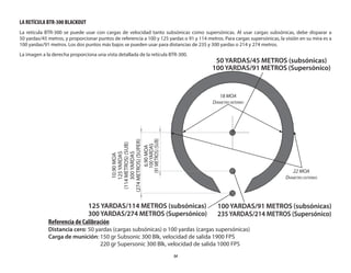 34
LA RETÍCULA BTR-300 BLACKOUT
La retícula BTR-300 se puede usar con cargas de velocidad tanto subsónicas como supersónicas. Al usar cargas subsónicas, debe disparar a
50 yardas/45 metros, y proporcionar puntos de referencia a 100 y 125 yardas o 91 y 114 metros. Para cargas supersónicas, la visión en su mira es a
100 yardas/91 metros. Los dos puntos más bajos se pueden usar para distancias de 235 y 300 yardas o 214 y 274 metros.
La imagen a la derecha proporciona una vista detallada de la retícula BTR-300.
6.90
MOA
100
YARDS
(SUB)
10.90
MOA
125
YARDS
(SUB)
300
YARDS
(SUPER)
22 MOA
DIÁMETRO EXTERNO
18 MOA
DIÁMETRO INTERNO
100YARDAS/91 METROS (subsónicas)
235 YARDAS/214 METROS (Supersónico)
125 YARDAS/114 METROS (subsónicas)
300 YARDAS/274 METROS (Supersónico)
50 YARDAS/45 METROS (subsónicas)
100 YARDAS/91 METROS (Supersónico)
Referencia de Calibración
Distancia cero: 50 yardas (cargas subsónicas) o 100 yardas (cargas supersónicas)
Carga de munición: 150 gr Subsonic 300 Blk, velocidad de salida 1900 FPS
220 gr Supersonic 300 Blk, velocidad de salida 1000 FPS
10.90
MOA
125
YARDAS
(114 METROS)
(SUB)
300
YARDAS
(274 METROS)
(SUPER)
6.90
MOA
100
YARDAS
(91 METROS)
(SUB)
 