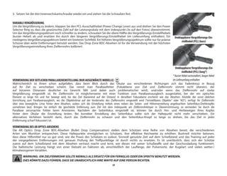 39
3.	 Setzen Sie die drei Innensechskantschraube wieder ein und ziehen Sie die Schrauben fest.
VARIABLEVERGRÖSSERUNG
Um die Vergrößerung zu ändern, klappen Sie den PCL-Ausschalthebel (Power Change Lever) aus und drehen Sie den Power
Selector Ring so, dass die gewünschte Zahl auf der Leistungsskala mit dem Indexpunkt (3x auf den Fotos) übereinstimmt.
Um das Vergrößerungsspektrum noch schneller zu ändern, schrauben Sie die obere Hälfte des Vergrößerungs-Einstellhebels
(kurzer Hebel) ab und ersetzen ihn durch den längeren Vergrößerungs-Einstellhebel (im Lieferumfang enthalten). Ein
niedrigeres Vergrößerungsspektrum bietet ein breiteres Sichtfeld. Ein höheres Vergrößerungsspektrum sollte nur für präzise
Schüsse über weite Entfernungen benutzt werden. Das Drop Zone BDC-Absehen ist für die Verwendung mit der höchsten
Vergrößerungseinstellung Ihres Zielfernrohrs kalibriert.
VERWENDUNG DER SEITLICHEN PARALLAXENEINSTELLUNG (NUR AUSGEWÄHLTE MODELLE)
Wahrscheinlich ist Ihnen schon aufgefallen, dass beim Blick durch das Okular aus verschiedenen Richtungen sich das Fadenkreuz in Bezug
auf Ihr Ziel zu verschieben scheint. Das nennt man Parallaxefehler (Fokalebene von Ziel und Zielfernrohr stimmt nicht überein), der
auf kürzeren Distanzen deutlicher ins Gewicht fällt (und dabei auch problematischer wird), und/oder wenn das Zielfernrohr auf starke
Vergrößerung eingestellt ist. Ihr Zielfernrohr ist möglicherweise mit einer Funktion zum Parallaxenausgleich ausgestattet, bei der ein optisches
Element so lange hin und her bewegt wird, bis das Ziel (basierend auf der Distanz) in derselben Fokusebene erscheint wie das Absehen. Anstelle der sonst üblichen
Vorrichtung zum Parallaxenausgleich, wo die Objektivlinse auf der Vorderseite des Zielfernrohrs eingestellt wird (“einstellbares Objektiv” oder “AO”), verfügt Ihr Zielfernrohr
über eine bewegliche Linse hinter dem Absehen, sodass sich die Einstellung mittels eines neben der Seiten- und Höhenverstellung angebrachten Seitenfokus-Drehknopfes
vornehmen lässt. Bringen Sie einfach die geschätzte Entfernung zum Ziel mit dem Indexpunkt am Zielfernrohrkörper in Übereinstimmung; so vermeiden Sie durch die
Parallaxe verursachte Fehler beim Anvisieren. Nachdem der Seitenfokus eingestellt ist, können Sie durch Hin- und Herbewegen Ihres Kopfes
hinter dem Okular die Einstellung testen. Bei korrekter Einstellung des Seitenfokus sollte sich der Haltepunkt nicht mehr verschieben. Ein
alternatives Verfahren besteht darin, durch das Zielfernrohr zu schauen und den Seitenfokus-Knopf so lange zu drehen, bis das Ziel in jeder
Entfernung scharf fokussiert ist.
VERWENDUNG DES AR OPTICS-ABSEHENS
Die AR Optics Drop Zone BDC-Absehen (Bullet Drop Compensation) stellen dem Schützen eine Reihe von Absehen bereit, die verschiedenen
Arten von Munition entsprechen. Diese Haltepunkte ermöglichen es Schützen, ihre effektive Reichweite zu erhöhen. Bushnell möchte betonen,
dass diese Hilfsmittel nur so gut sind, wie die Praxis des Schützen es zulässt. Sinnvoll genutzte Zeit auf dem Schießstand und das Training auf jeder
der vorgegebenen Entfernungen mit genauer Prüfung der Treffpunktlage ist durch nichts zu ersetzen. Es ist unerlässlich, dass sich der Schütze
zuerst auf dem Schießstand mit dem Absehen vertraut macht und lernt, wie dieses mit seiner Schußwaffe und der Geschossladung funktioniert.
Die ballistische Leistung hängt von einer Vielzahl an Faktoren ab, einschließlich der Lauflänge, der Pulversorte, der Kugelart und vielen wetter-/
klimabezogenen Variablen.
WARNUNG: EIN ZIELFERNROHR SOLLTE NIEMALS ALS ERSATZ FÜR EIN FERNGLAS ODER EIN SPEKTIV BENUTZT WERDEN.
DIES KÖNNTE DAZU FÜHREN, DASS SIE UNABSICHTLICH IHRE WAFFE AUF EINE PERSON RICHTEN.
UmklappbarerVergrößerungs-Ein-
stellhebel (PCL) (kurz)
UmklappbarerVergrößerungs-Ein-
stellhebel (PCL) (lang*)
*KurzerHebelvorinstalliert,langerHebel
imLieferumfangenthalten
 