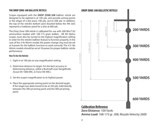 9
THE DROP ZONE-308 BALLISTIC RETICLE
Scopes equipped with the DROP ZONE-308 ballistic reticle are
designed to be sighted-in at 100 yds, and provide aiming points
in the shape of a dot every 100 yds, out to 500 yds. In addition,
the top of the reticle’s bottom post (located below the 4th dot)
represents a holdover point for a shot at 600 yds.
The Drop Zone 308 reticle is calibrated for use with 308 Win/7.62
ammunition loaded with 168-175 grain bullets. All AR Optics
scopes must also be turned to the highest magnification setting
in order for the reticle’s ballistic feature to function properly. In the
case of the 3-9x 40mm model, the power change ring must be set
at 9 power for the ballistic function to work correctly. The 4.5-18x
40mm models should be set at 18 power for proper ballistic reticle
performance.
HowTo Use the Reticle:
1. Sight in at 100 yds on any magnification setting.
2. Determine distance to target. For the best accuracy in
determining distance, utilize a Bushnell Laser Rangefinder
(Scout DX 1000 ARC, G-Force DX ARC).
3. Set the scope’s magnification to its highest power.
4. Place the appropriate aiming point on the desired target.
If the target was determined to be at 350 yds, hold directly
between the 300 yd aiming point and the 400 yd aiming
point.
16.14
MOA
11.89
MOA
4.85
MOA
2.04
MOA
8.14
MOA
Calibration Reference
Zero Distance: 100 Yards
Ammo Load: 168-175 gr .308, Muzzle Velocity 2600
DROP ZONE-308 BALLISTIC RETICLE
200 YARDS
300 YARDS
400 YARDS
500 YARDS
600 YARDS
 