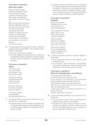 Texto para a questão 6
Morte do Leiteiro
Há pouco leite no país,
é preciso entregá-lo cedo.
Há muita sede no país,
é preciso entregá-lo cedo.
Há no país uma legenda,
Que ladrão se mata com tiro.
[...]
Mas este acordou em pânico
(ladrões infestam o bairro),
não quis saber de mais nada.
O revólver da gaveta
Saltou para sua mão.
Ladrão? Se pega com tiro.
Os tiros na madrugada
liquidaram meu leiteiro.
Se era noivo, se era virgem,
se era alegre, se era bom,
Não sei,
é tarde para saber.
6. A comparação entre a primeira estrofe e o final da
segunda revela um paralelo e uma oposição signi-
ficativos. Responda:
a) Em que consiste tal oposição?
b) Há uma imagem em particular que se afasta da
regularidade lógica do poema. De que imagem
se trata? Qual sua função na significação geral
do texto?
Texto para a questão 7
Áporo
Um inseto cava
cava sem alarme
perfurando a terra
sem achar escape.
Que fazer, exausto,
em país bloqueado,
enlace de noite
raiz e minério?
Eis que o labirinto
(oh razão, mistério)
presto se desata:
em verde, sozinha,
antieuclidiana,
uma orquídea forma-se.
7. A imagem da flor ou da rosa é recorrente em A
Rosa do Povo. Responda:
a) O poema encena uma situação de impasse, que
se insinua pela imagem do país bloqueado, en-
tre outras. Qual o sentido do surgimento da or-
quídea no final?
b) A última palavra do primeiro verso e a primeira
do segundo evidenciam um procedimento típico
do estilo de A Rosa do Povo, que pode ser obser-
vado tanto no início de “Morte do Leiteiro” quan-
to em “Consolo na Praia”. De que procedimento
se trata? Qual sua função na poesia moderna?
Texto para a questão 8
Episódio
Manhã cedo passa
à minha porta um boi.
De onde vem ele
se não há fazendas?
Vem cheirando o tempo
entre noite e rosa.
Pára à minha porta
sua lenta máquina.
Alheio à polícia
Anterior ao tráfego
ó boi, me conquistas
para outro, teu reino.
Seguro teus chifres:
eis-me transportado
sonho e compromisso
ao País Profundo.
8. O poema apresenta pequena narrativa alegórica.
Responda:
a) Ao irromper do nada em meio à cidade, o que
simboliza o boi?
b) A expressão “País Profundo” está grafada
com iniciais maiúsculas. Qual o sentido dessa
expressão na economia geral do poema?
Texto para a questão 9
Mário de Andrade Desce aos Infernos
A rosa do povo despetala-se,
ou ainda conserva o pudor da alva?
É um anúncio, um chamado, uma esperança
embora frágil, pranto infantil no berço?
Talvez apenas um ai de resta, quem sabe.
Mas há um ouvido mais fino que escuta, um
peito de artista que incha.
e uma rosa se abre, um segredo comunica-se, o
poeta anunciou,
o poeta, nas trevas, anunciou.
9. A rosa é símbolo importante em A Rosa do Povo.
Responda:
a) Ao anunciar a rosa do povo como símbolo de
poesia, como o poeta a caracteriza?
b) Pela lógica do texto, todos os leitores se com-
portam de maneira uniforme diante da rosa
do povo? Há diferenças em sua recepção? Se
houver diferença, qual seria ela?
SISTEMA ANGLO DE ENSINO • 133 • ANGLO VESTIBULARES
 
