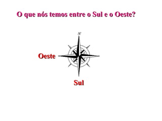 Os pontos colaterais
O que nós temos entre o Sul e o Oeste?
                    Noroeste         Sudoeste
                  Norte

                          Nordeste

      Oeste                    Leste

                          Sudeste

                  Sul
 