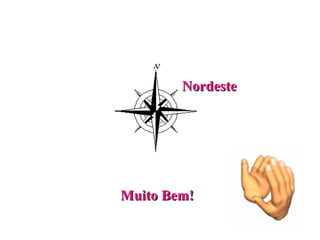 Os pontos colaterais
   Sudeste     Noroeste          Sudoeste
             Norte

                     Nordeste
 Oeste                    Este



             Sul


         Muito Bem!
 