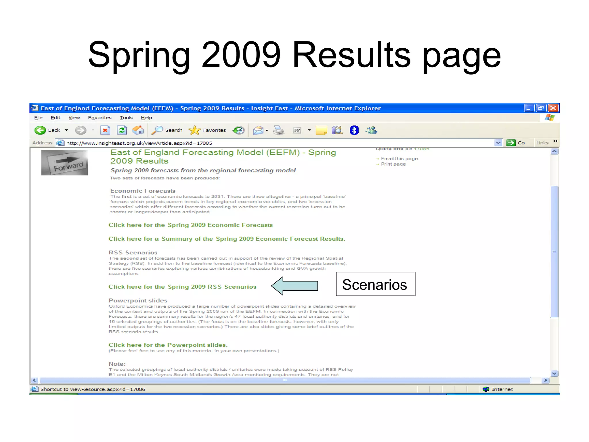 Spring 2009 Results page Scenarios 