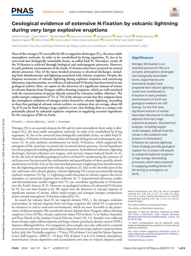 Geological evidence of extensive N-fixation by volcanic lightning ...