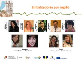 Açores
Anabela Santos Dora Pereira
Madeira
RosaGaspar
Algarve
MárioGuedes
Alentejo
ElisabeteFiel
Centro
MiguelaFernandes
Norte
Teresa Lacerda Daniela Guimarães
Lisboa
AnaPaulaPina
 