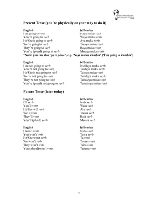 9
Present Tense (you’re physically on your way to do it)
English iciBemba
I’m going to verb Naya muku verb
You’re going to verb Waya muku verb
He/She is going to verb Aya muku verb
We’re going to verb Twaya muku verb
They’re going to verb Baya muku verb
You’re (plural) going to verb Mwaya muku verb
*Note: you can also ‘go to place’, e.g. ‘Naya muku Zambia’ (‘I’m going to Zambia’)
English iciBemba
I’m not going to verb Nshilaya muku verb
You’re not going to verb Tauleya muku verb
He/She is not going to verb Taleya muku verb
We’re not going to verb Tatuleya muku verb
They’re not going to verb Tabaleya muku verb
You’re (plural) not going to verb Tamuleya muku verb
Future Tense (later today)
English iciBemba
I’ll verb Nala verb
You’ll verb Wala verb
He/She will verb Ala verb
We’ll verb Twala verb
They’ll verb Bala verb
You’ll (plural) verb Mwala verb
English iciBemba
I won’t verb Nsha verb
You won’t verb Tawa verb
He/She won’t verb Ta verb
We won’t verb Tatusa verb
They won’t verb Taba verb
You (plural) won’t verb Tamwa verb
 