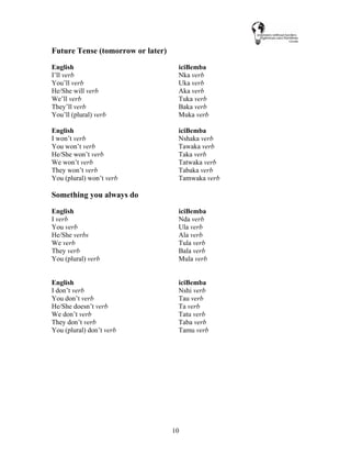 10
Future Tense (tomorrow or later)
English iciBemba
I’ll verb Nka verb
You’ll verb Uka verb
He/She will verb Aka verb
We’ll verb Tuka verb
They’ll verb Baka verb
You’ll (plural) verb Muka verb
English iciBemba
I won’t verb Nshaka verb
You won’t verb Tawaka verb
He/She won’t verb Taka verb
We won’t verb Tatwaka verb
They won’t verb Tabaka verb
You (plural) won’t verb Tamwaka verb
Something you always do
English iciBemba
I verb Nda verb
You verb Ula verb
He/She verbs Ala verb
We verb Tula verb
They verb Bala verb
You (plural) verb Mula verb
English iciBemba
I don’t verb Nshi verb
You don’t verb Tau verb
He/She doesn’t verb Ta verb
We don’t verb Tatu verb
They don’t verb Taba verb
You (plural) don’t verb Tamu verb
 