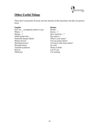 16
Other Useful Things
These don’t necessarily fit nicely into the structure of this document, but they are good to
know.
English Bemba
Give me… (completely polite to say) Peniko…
Where…? Kwisa…?
Shinga…? How much for…?
Ishina lyandi nine… My name is…
Nimwebo banana ishina? What is your name?
Muleya kwisa? You are going where?
Mwafuma kwisa? You have come from where?
Mwende bwino. Go well.
Amenshi ayakunwa Water to drink.
Kuti na Can I/I can
Ndefwaya I’m wanting
 