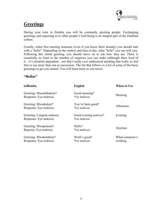 5
Greetings
During your time in Zambia you will be constantly greeting people. Exchanging
greetings and enquiring as to other people’s well-being is an integral part of the Zambian
culture.
Usually, when first meeting someone (even if you know them already) you should start
with a “hello”. Depending on the context and time of day, what “hello” you use will vary.
Following this initial greeting, you should move on to ask how they are. There is
essentially no limit to the number of enquiries you can make (although there kind of
it…it’s situation dependent…not that I really ever understood anything that well), so feel
free to use more than one in succession. The list that follows is a list of some of the basic
greetings to get you started. You will learn more as you travel.
“Hellos”
iciBemba English When to Use
Greeting: Mwashibukeni? Good morning?
Response: Eya mukwai. Yes mukwai.
Morning
Greeting: Mwaikaleni? You’ve been good?
Response: Eya mukwai. Yes mukwai.
Afternoon
Greeting: Cungulo mukwai. Good evening mukwai?
Response: Eya mukwai. Yes mukwai.
Evening
Greeting: Mwapoleeni? Hello?
Reponse: Eya mukwai. Yes mukwai.
Anytime
Greeting: Mwabombeni? Work’s good?
Response: Eya mukwai. Yes mukwai.
When someone’s
working.
 