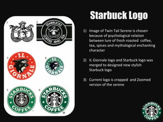 Starbuck Logo
•
1) Image of Twin Tail Serene is chosen
because of psychological relation
between lure of fresh roasted coffee,
tea, spices and mythological enchanting
character
2) IL Giornale logo and Starbuck logo was
merged to designed new stylish
Starbuck logo
3) Current logo is cropped and Zoomed
version of the serene
 