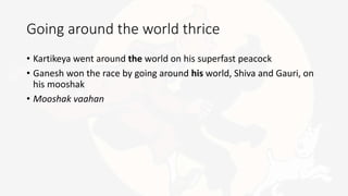 Going around the world thrice
• Kartikeya went around the world on his superfast peacock
• Ganesh won the race by going ar...