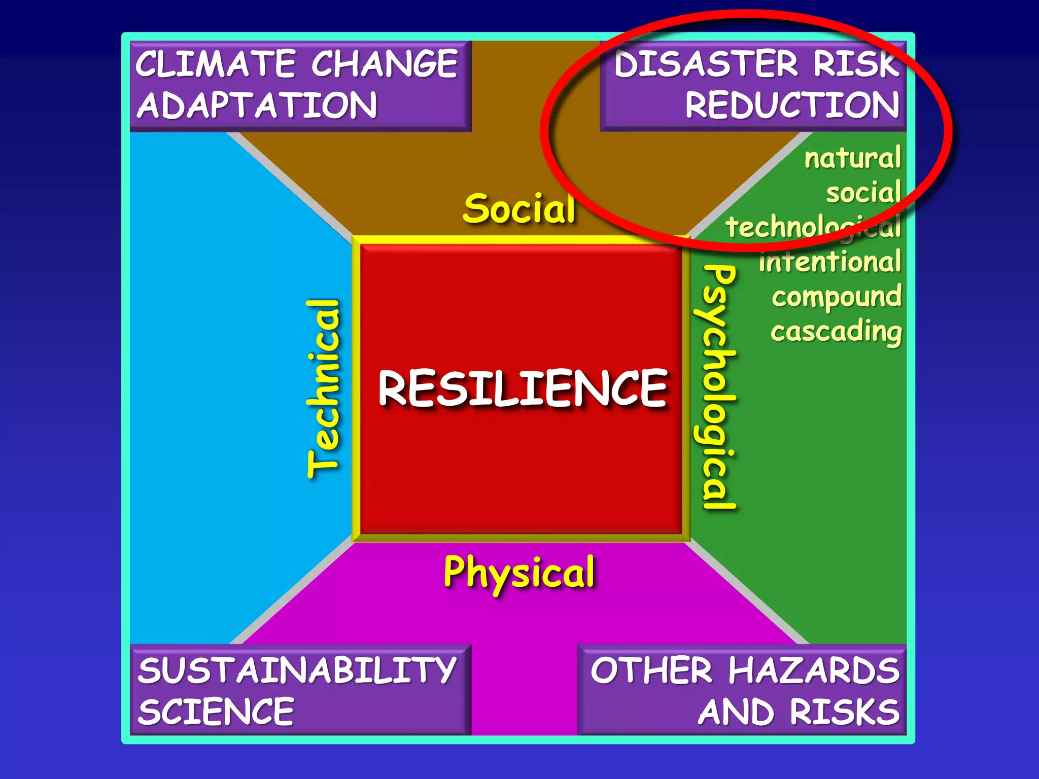 RESILIENCE
Social
Technical
Physical
Psychological
CLIMATE CHANGE
ADAPTATION
DISASTER RISK
REDUCTION
OTHER HAZARDS
AND RISKS
natural
social
technological
intentional
compound
cascading
SUSTAINABILITY
SCIENCE
 