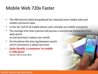 Mobile Marketing AssociationMobile Marketing Association
Mobile Web 720x Faster
• The IAB Internet Advertising Board has r...