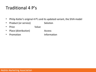 Mobile Marketing AssociationMobile Marketing Association
Traditional 4 P's
• Philip Kotler's original 4 P's and its update...