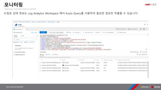 OpenSource, Cloud Best Partner & rockPLACE
Azure Red Hat OpenShift
모니터링
수집된 상태 정보는 Log Analytics Workspace 에서 Kusto Query를 사용하여 필요한 정보만 추출할 수 있습니다.
 