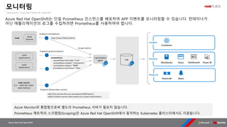 OpenSource, Cloud Best Partner & rockPLACE
Azure Red Hat OpenShift
모니터링
Azure Red Hat OpenShift는 단일 Prometheus 인스턴스를 배포하여 APP 이벤트를 모니터링할 수 있습니다. 컨테이너가
아닌 애플리케이션의 로그를 수집하려면 Prometheus를 사용하여야 합니다.
Azure Monitor와 통합함으로써 별도의 Prometheus 서버가 필요치 않습니다.
Prometheus 메트릭의 스크랩핑(Scraping)은 Azure Red Hat OpenShift에서 동작하는 Kubernetes 클러스터에서도 지원됩니다.
 