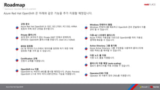 OpenSource, Cloud Best Partner & rockPLACE
Azure Red Hat OpenShift
Roadmap
Azure Red Hat OpenShift 은 아래와 같은 기능을 추가 지원할 예정입니다.
 
