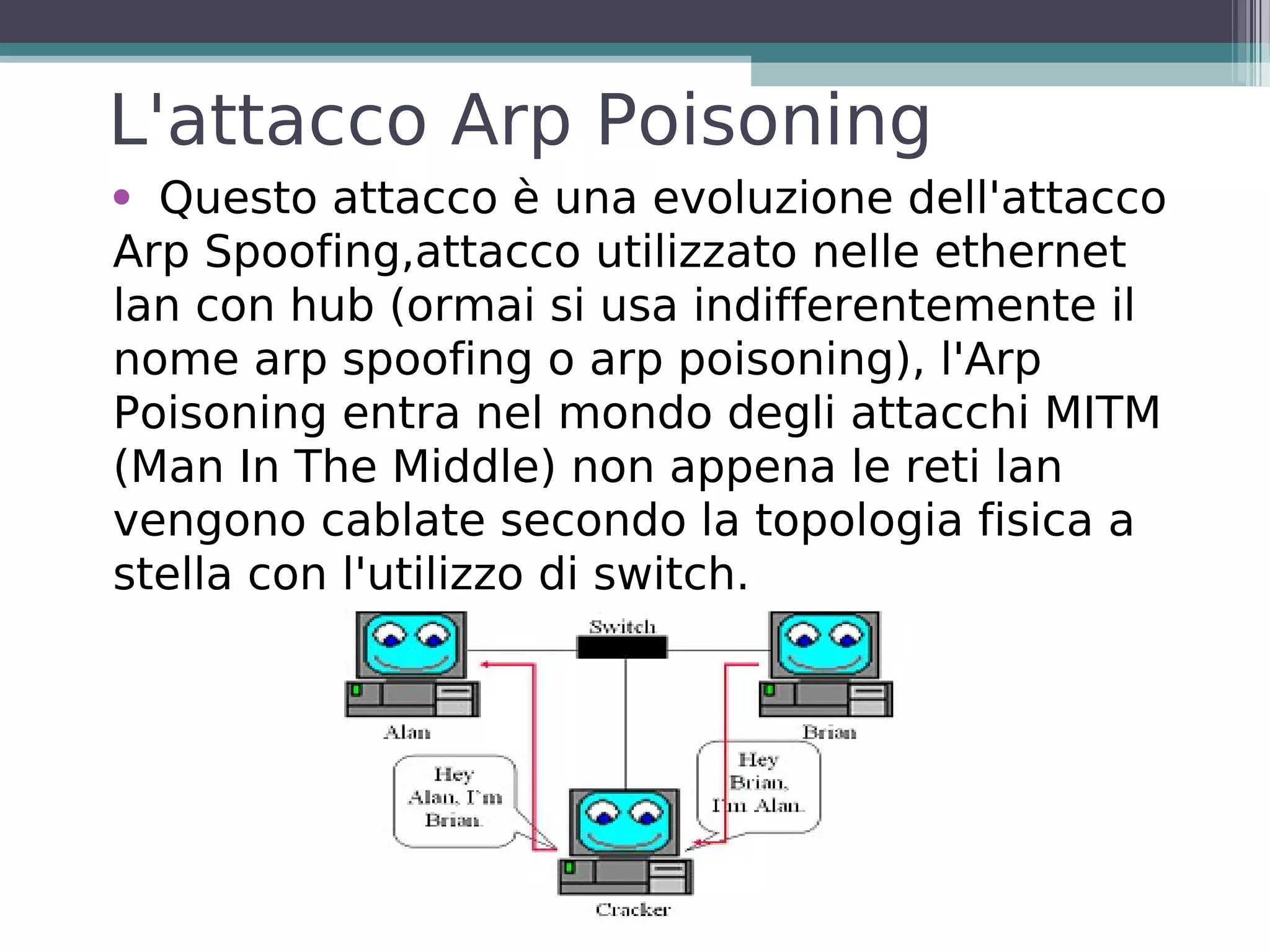 L'attacco Arp Poisoning
●
  Questo attacco è una evoluzione dell'attacco
Arp Spoofing,attacco utilizzato nelle ethernet
lan con hub (ormai si usa indifferentemente il
nome arp spoofing o arp poisoning), l'Arp
Poisoning entra nel mondo degli attacchi MITM
(Man In The Middle) non appena le reti lan
vengono cablate secondo la topologia fisica a
stella con l'utilizzo di switch.
 